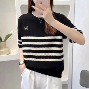 2024 Summer New Arrival Ice Silk Short Sleeve T-shirt Womens Fashion All-Matching Slimming Stripes Elegant Tops Knitting Bottoming Shirt