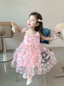 Princess Style Girls Summer Dress Floral Print Puffy Sleeveless Vest Dress Baby Clothes Childrens Clothing Belted Skirt