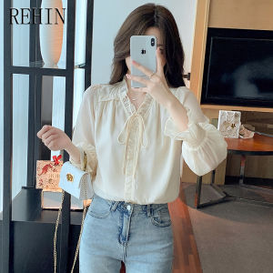 REHIN เสื้อชีฟองมีระบายเสื้อเชิ้ตแขนยาวของผู้หญิง2024ใหม่ฤดูใบไม้ผลิ