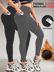 2 Pack Womens Super Soft Thermal Fleece Lined Legging With Pockets High Waist Tummy Control Workout Yoga Running Pants