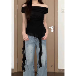 American Retro off-Shoulder Swing Collar Short Sleeve Womens 2024 Summer New Arrival Ruffles Asymmetrical Ribbon Hem Tops