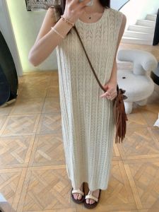 ชุดเดรสยาวผ้าลินินฤดูร้อนสำหรับผู้หญิง ดีไซน์บาง ผ้าไหมน้ำแข็ง ถัก แขนกุด กระโปรงทรงเอ ทรงหลวม คอตั้ง