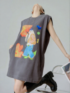 XIAODADEHUA | Retro American Loose Gray Patterned Sleeveless Long Dress
