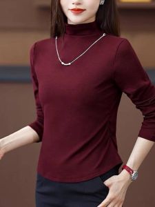 สลิมฟิต เสื้อยืดแขนยาว ผู้หญิง ชั้นฐานสีแดง ฤดูใบไม้ร่วง หลากหลาย ทันสมัย มีสไตล์ พร้อมสร้อยคอ เสื้อท่อนบน โพลีเอสเตอร์ ไฟเบอร์