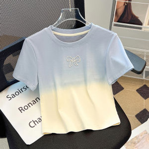 Big Sale Leak-Picking ~ K-style Hot Rhinestone Gradient Short Sleeve T-Shirt Womens Summer Casual Trendy Sense of Design Shoulder Short Tops