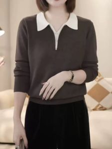 เสื้อสเวตเตอร์ถักคอปกปิดแขนยาวหลวมๆ ฤดูใบไม้ร่วง 2025 สำหรับผู้หญิง เสื้อชั้นในแบบสวมหัว ชุดสองชิ้นปลอม แฟชั่น