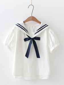 Summer 2024 New Style Loose Naval Collar Short Sleeve Shirt Womens Top Sweet Japanese Style Cotton Youthful Design Streetwear