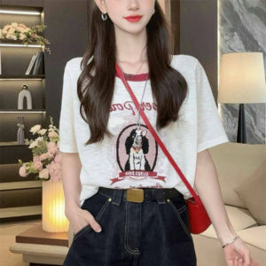 Shalldoer | Summer Casual Contrast Color Round Neck Short Sleeve Slimming High Waist Jeans Shorts Set Womens Fashion Two-Piece Ensemble