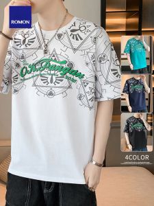 ROMON | Lormen Mens Ice Silk Short Sleeve T-Shirt Summer Thin Round Neck Printed Casual Half Sleeve Top Pure Cotton Breathable Fashion Urban Style