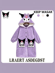 Kurumi Childrens Sleepwear Long Thickened Flannel Pajamas Coral Fleece Robe for Girls Autumn Winter Home Clothes Set