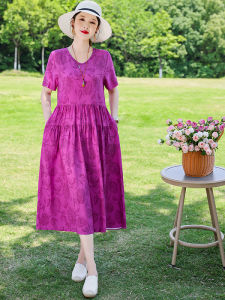 Elegant Floral Print Cotton Silk Dress for Middle-Aged And Elderly Mothers High-End Lightweight Summer Fashion Long V-Neck Dress