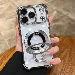 Luxury Plating Shockproof Magnetic Bracket For Magsafe Clear Phone Case For iPhone 15 16 17 Pro Max 17 Ring Holder Stand Cover