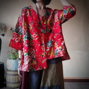 New Chinese Style Womens Loose Cotton Linen T-Shirt V-Neck Large Flower Print Retro Ethnic Style Summer Top Commute Fashion