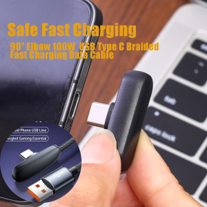 100W PD Fast Charging Sturdy Braided Aluminum Alloy Elbow Type C Cable High Speed Gaming Transfer Wire For Android Mobile Phone