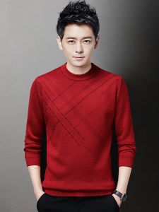 ROMON | Lomond Mens Knitted Sweater Fleece Lined Loose Fit Round Neck Winter Fashion Casual Red Color Low Cut Knitwear