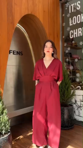 🔖Mirrorsister 41218.5 จัมพ์สูทขายาว ช่วงบนเป็นคอวีVทรงค้างคาวจับdrap ช่วงเอวเข้ารูปแต่งขอบโค้งโอบิใหญ่ ด้านหลังยืดสม็อค