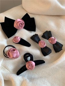กิ๊บติดผมดอกกุหลาบสีชมพูคุณภาพสูง สไตล์ฝรั่งเศสเรโทร โบว์ผีเสื้อ รัดผม กิ๊บติดผม เครื่องประดับผม สไตล์ฝรั่งเศสเรโทร