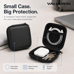 Hard Shell Earphone Storage Case PU Leather Water Resistant Pouch for Earbuds & Cables Travel Organizer