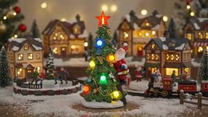 LED Light Up Christmas Tree Village Miniature Santa Claus Figurine Holiday Desktop Ornament Glowing Xmas Village Decor Gift