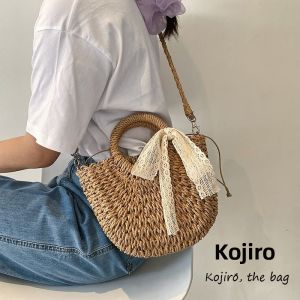 Summer Fashion Half-Moon Bowknot Cherry Handbag Womens Ins Vacation Shoulder Bag Woven Straw Crossbody Handheld Bag