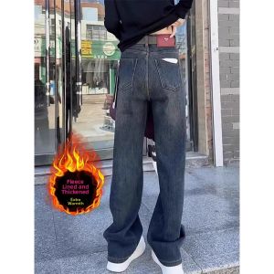 High End Design Small Brand Large Size Fleece Wide Leg Jeans