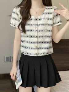 plus Size Summer Shirt Vintage Floral Stripe Design Short Sleeve Womens Korean Style Loose Fit Button up Casual Top