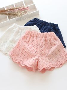 กางเกงขาสั้นผ้าฝ้ายลูกไม้สไตล์เกาหลีสำหรับเด็กผู้หญิงในช่วงฤดูร้อนปี 2024 กางเกงขาสั้นชายหาดแบบลำลองสำหรับเด็กอายุ 2-18 ปี