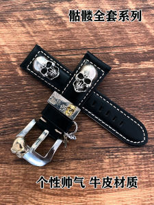Leather Mens Personality Watch Band Cowhide Black Sports Casual Skeleton Watch Strap 20 22 24 26mm Middle Thickness Flat Interface