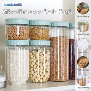 JustLiving 500/1000/1600ml Kitchen Plastic White Food Storage Container with Lids Sealing Pot Cereal Rice Sealed Jar Refrigerator Storage Box Stackable Space Saver Box