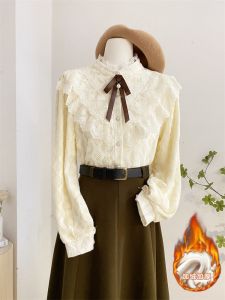 Ruffle Collar Fleece Lined Thickened Long Sleeve Lace Shirt Women Autumn Winter Sweet Butterfly Knot Inner Wear Base Small Shirt Top