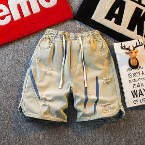 High-End Mens Denim Shorts Casual Loose Fit Five-Tenths Summer New Style Ripped Elastic Waist Jeans Cotton Blend Youth Trend