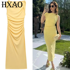 ชุดเดรสสีเหลืองระบาย HXAO สำหรับผู้หญิง ฤดูร้อน 2025 ชุดเดรสผู้หญิงทรงเอ ความยาวปานกลาง ดีไซน์ไม่สมมาตร จับจีบ ชุดเดรสแบบไม่มีแขน สำหรับวันหยุด รุ่น 066