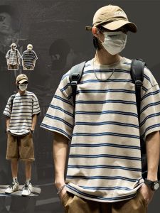 ROMON | Romon Mens Summer Thin Ice Silk Cotton Striped T-shirt Round Neck Half Sleeve Quick Dry Casual Short Sleeve Top Breathable