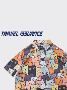 Travel Issuance Summer Design Cartoon Full Print Loose Short Sleeve Shirt Cat Cluster Fun Print Casual Wear for Men
