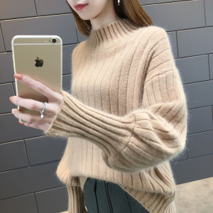 Ladies Loose Knitted Sweater Short Half High Collar Autumn Winter Fashion Sweet Style Long Sleeve Top Student Trendy Base Shirt