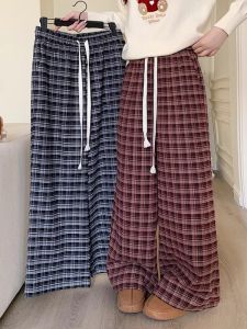 กางเกงขายาวทรงหลวมเอวสูงสไตล์เกาหลี กางเกงขายาวทรงหลวมสีแดงลายสก็อต ทรงสลิมฟิต กางเกงขายาวทรงหลวมสำหรับผู้หญิงไซส์ใหญ่