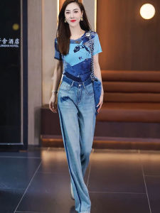 Fashionable Womens Summer 2025 T-Shirt And Wide Leg Jeans Two-Piece Set in Trendy Contrast Colors Silk Denim Casual Outfit