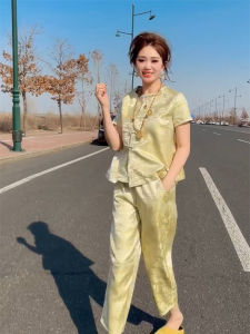 New Chinese Style Two-Piece Set Womens Summer 2025 Elegant Satin Short Sleeve Casual Pants round Neck Button up Top