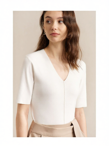 AMII | Summer New Style Slim Fit V-Neck 3/4 Sleeve Ice Yarn White Knit Top