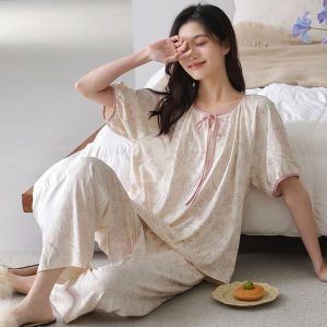 MiiOW | Bộ đồ ngủ cotton mùa hè mỏng tay ngắn quần dài rộng rãi thoáng khí thoải mái cho nữ Bộ đồ ngủ cotton thoải mái cho nữ