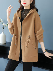 Hengyuanxiang Waist-Tight Mid Length Long Length Woolen Coat Mothers Woolen Coat Hooded Cashmere Jacket plus Size Cardigan