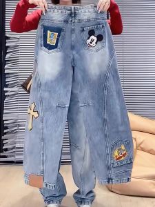 กางเกงยีนส์ทรงหลวมเอวสูง ทรงหลวม ทรงตรง ทรงเข็มขัด ลายการ์ตูน ฤดูใบไม้ผลิและฤดูใบไม้ร่วง กางเกงขายาวสำหรับผู้หญิงไซส์ใหญ่