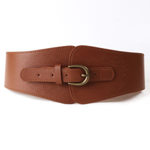 Retro Korean Style Womens Waist Belt Embossed Copper Green Elastic Decorative Dress Wide Belt Matching Shirt Women