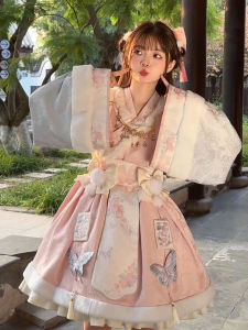 ชุดเดรสโลลิต้าสีชมพูสไตล์จีนหวานๆ สำหรับเด็กผู้หญิง ชุดเจ้าหญิง OP ชุดเดรสฤดูใบไม้ร่วง/ฤดูหนาวสำหรับการแต่งกายทุกวัน