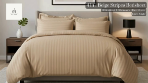 SevHome Hotel Quality 4 in 1 Plain Beige Stripes Bedsheet Sets | Cotton 400 Thread Count | Beddings Bed sheet set with 1 Fitted Sheet with Garter 1 Duvet Comforter Quilt Cover 2 Pillow case | Size Single