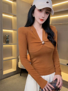 Fashionable Knot V-Neck Long Sleeve Base Shirt Women Slimming Elegant Top Trendy Base Tee Girls Slim Fit Long Sleeve V-Neck T-Shirt