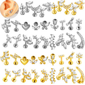 1PC สาม/ห้า Squa/หัวใจ/Trapezoid CZ Arc Larbet LipStud เหล็กผ่าตัดภายในกระดูกอ่อน Helix Tragus ต่างหูเจาะ