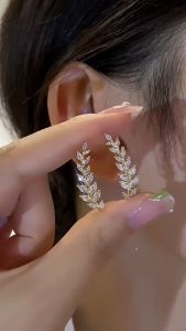 [PANPIA] Luxury Shiny Rhinestone Leaf Stud Earrings For Women Exquisite Wheat Ear Cuff Earrings Wedding Jewelry
