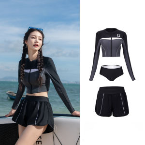 Womens Two-Piece Swimsuit Long Sleeve Surfing Swimwear Slimming Belly Cover Sporty Conservative Design for Swimming Gym And Thermal Springs