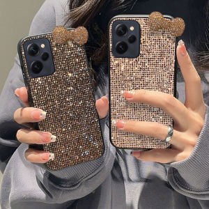 Shiny Gold 3D Faux Diamond Bowknot Grid Phone Case For Xiaomi Poco X3 X4 X5 X6 X7 Pro 5G F6 F5 Pro Glitter Protective Back Cover